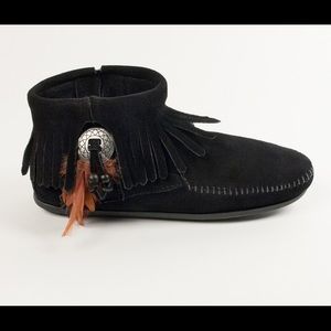 Black suede Concho Minnetonka ankle boots